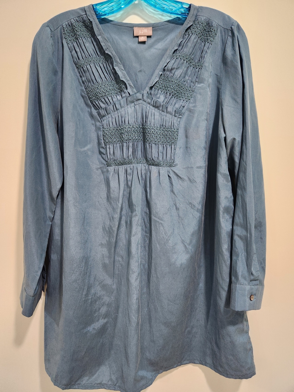 J. Jill Dusty Blue Smocked V-Neck Tunic Silk And Cotton Blend